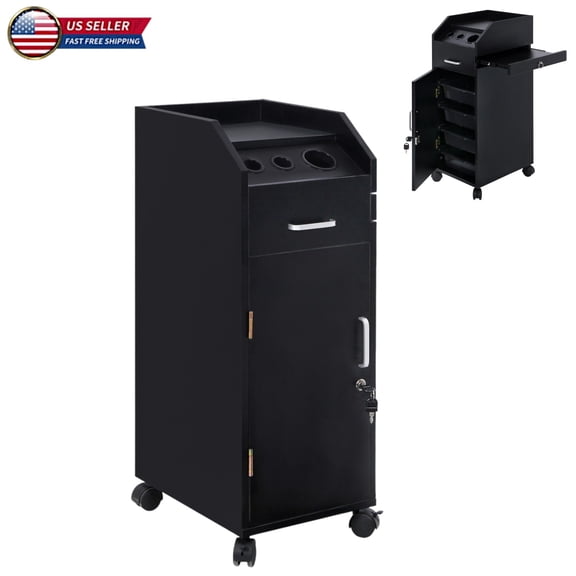 Hassch Rolling Salon Trolley Cart w/ 4 ABS Trays, Locking Cabinet & Keys, Hair Styling Station with Tool Holders and Slide-Out Side Tray, Mobile Beauty Organizer on Wheels for Salon Spa Barber, Black