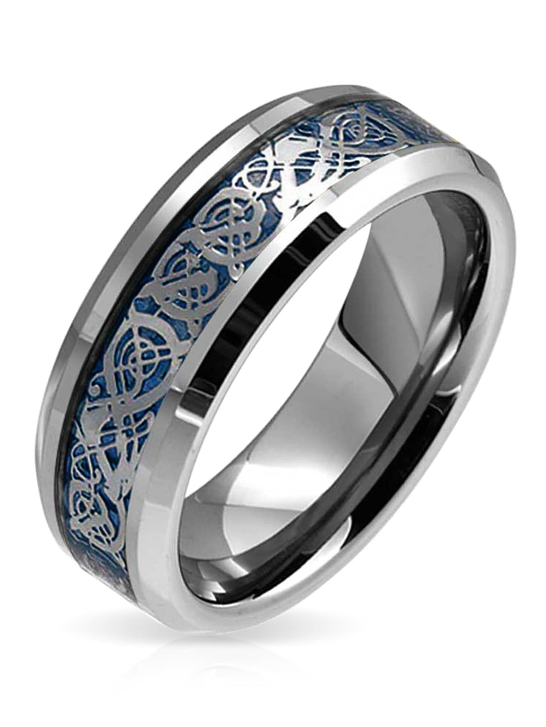 Bling Jewelry Blue Silver Tone Celtic Knot Dragon Inlay Couples Titanium Wedding Band Rings 4687