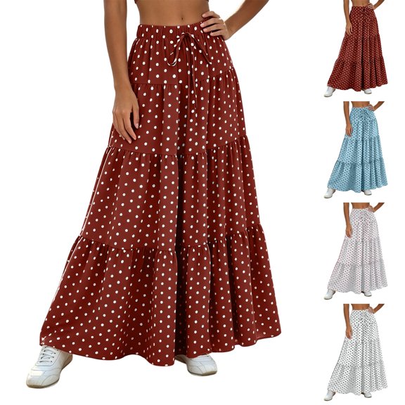 Women Polka Dot Midi Skirt Large Ruffle Hem Tie Waist A Line Flowy Casual Skirt with Drawstring for Daily Wear Red XL(XL)