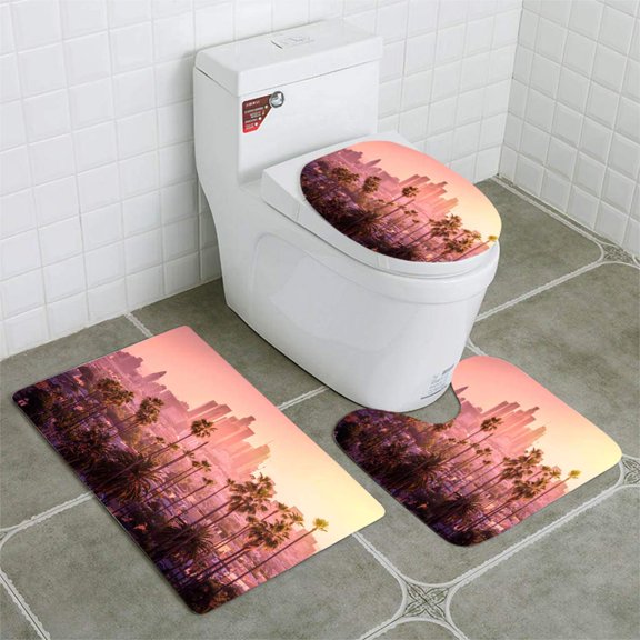 GOHAO Los Angeles Skyline 3 Piece Bathroom Rugs Set Bath Rug Contour Mat and Toilet Lid Cover