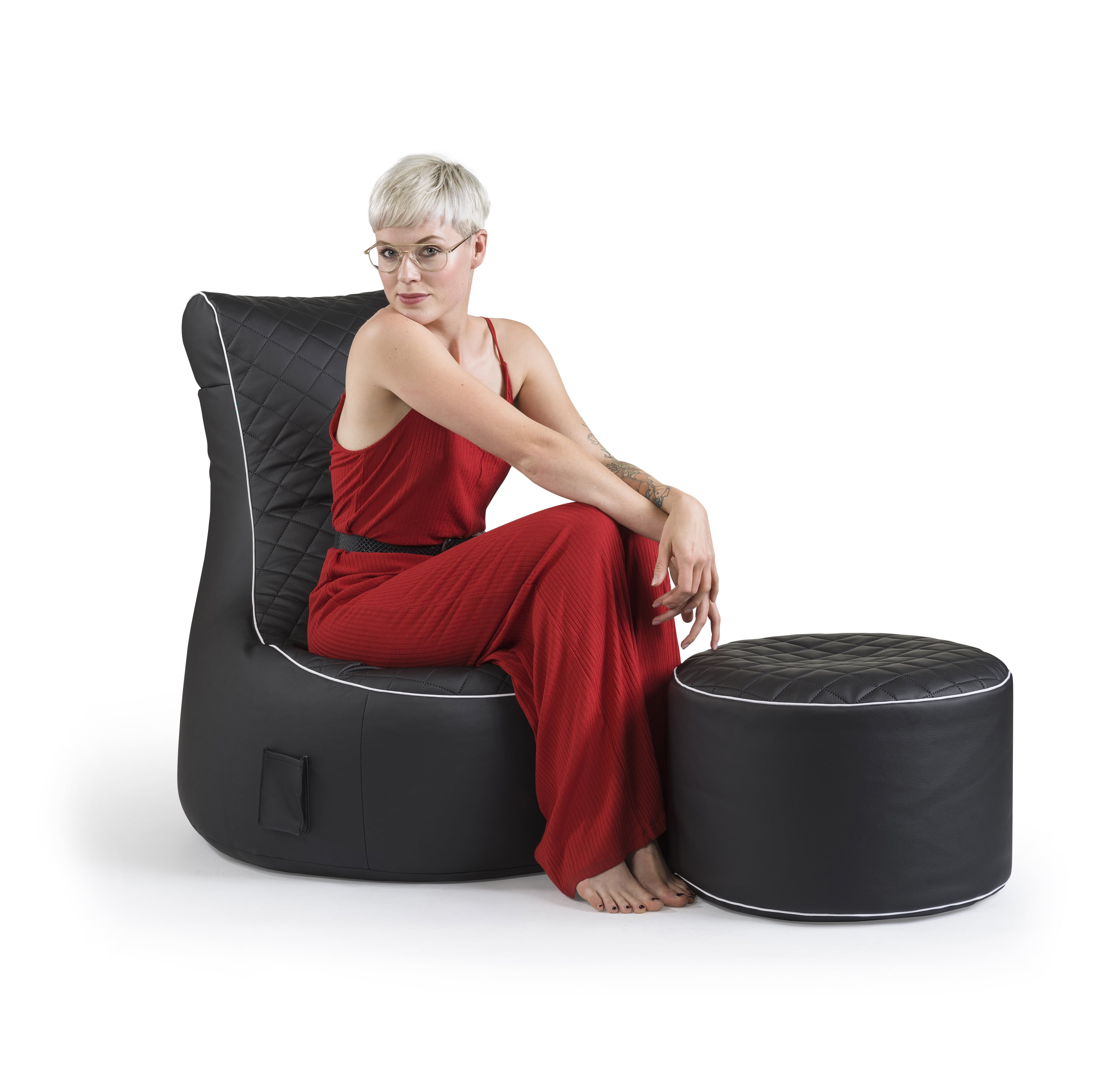Gouchee Home Dotcom Modo Tap Black Faux Leather Pouf – Round Polystyrene Bean Bag Footstool, Durable & Lightweight Accent for Living Room, Bedroom or Office, Made in Canada