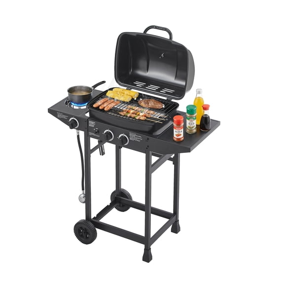 Urday 2-Burner Propane Gas Grill with Side Burner, 24,000 BTU Stainless Steel Barbecue Grill, Outdoor BBQ Grill with Enameled Cast Iron Grates & Side Tables for Patio & Backyard, Silver