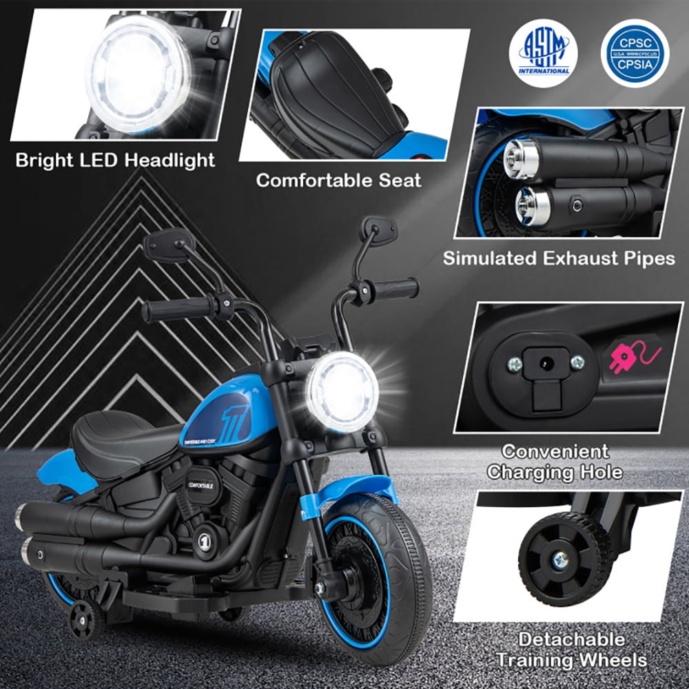 Resenkos Kids Electric Motorcycle with Training Wheels and LED Headlights-Blue, Motorcycle Toy for Children Boys & Girls