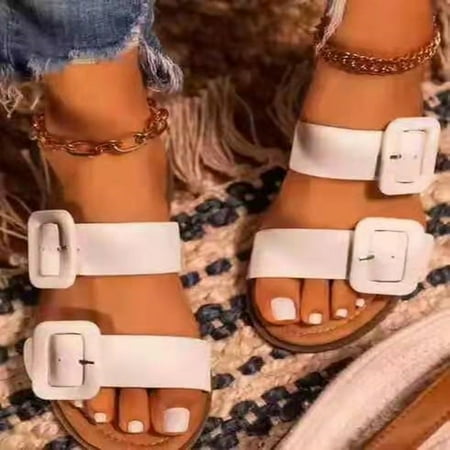 

Foraging dimple Shoes for Woman Casual Suaves Solid Comfortable Sandalias Belt Buckle Slippers White