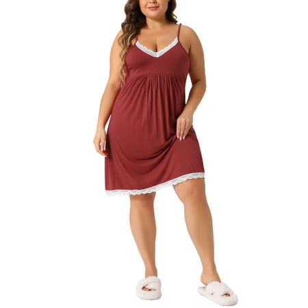 Agnes Orinda Women s Plus Size Pajama Lace Spaghetti Straps Babydoll Chemise Nightgown Lingerie V Neck Nightdress 1X Red