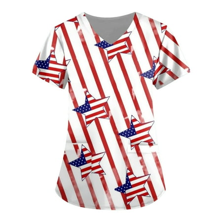 

XHJUN Scrub Tops Women Ceil Blue American Flag Print Stretch Scrubs Top Short Sleeve V Neck Women Stretch Top Independence Day Printing Top Red XXXXL