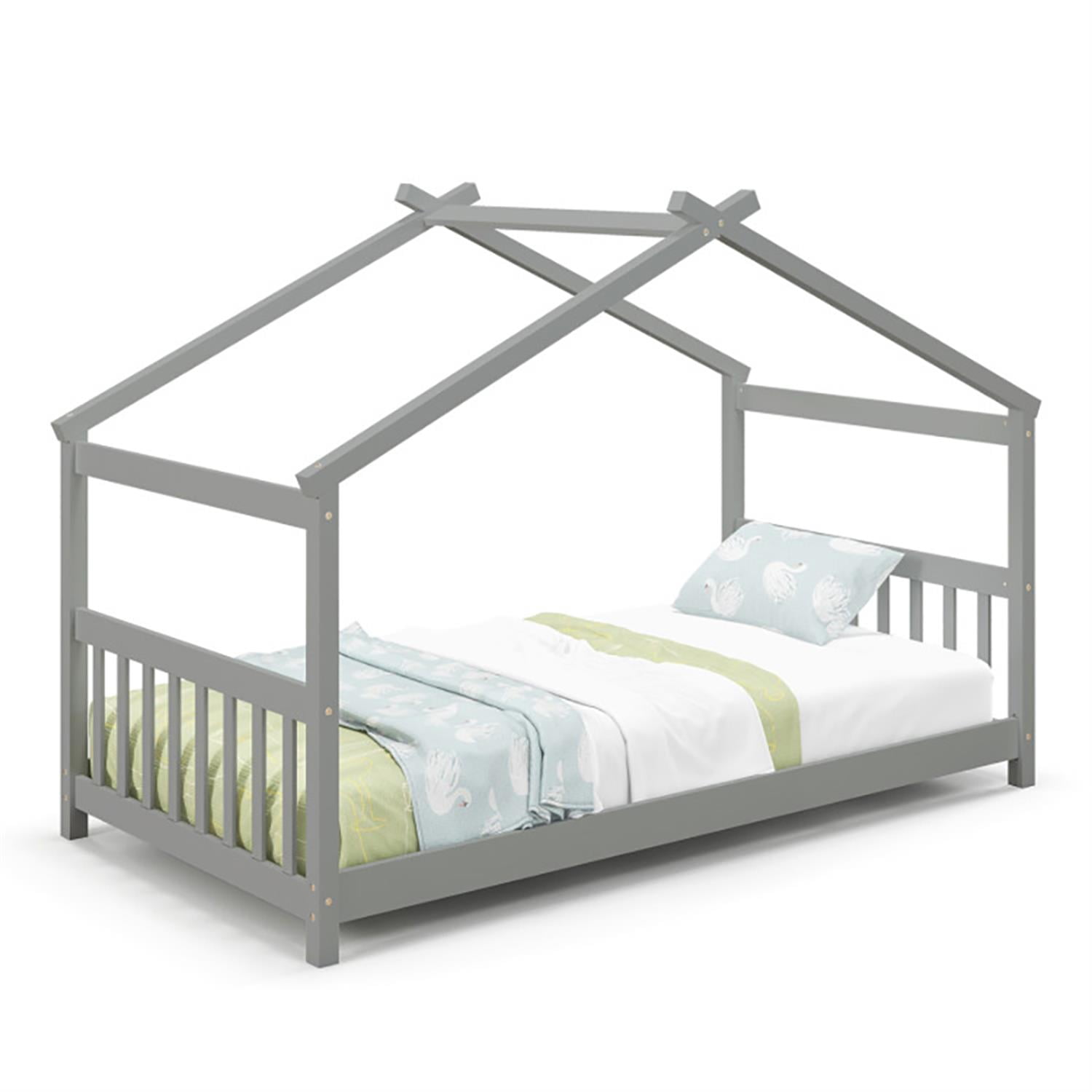Demi Bonn Twin Size Wooden House Bed Frames with Roof, Modern Platform Floor Bed Frames for Teens, Gray