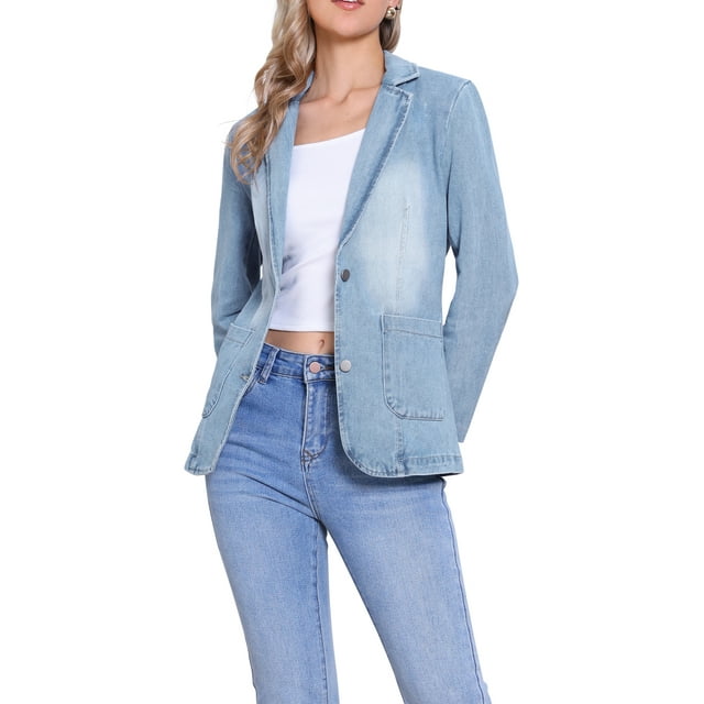 CHAQUETA DE DENIM INSPIRADA EN CHIC PARA MUJERES, BOTÓN ABAJO, SOLAPA MUESCA, DOS BOLSILLOS LATERALES, CHAQUETAS DE JEAN CASUAL L AZUL CLARO