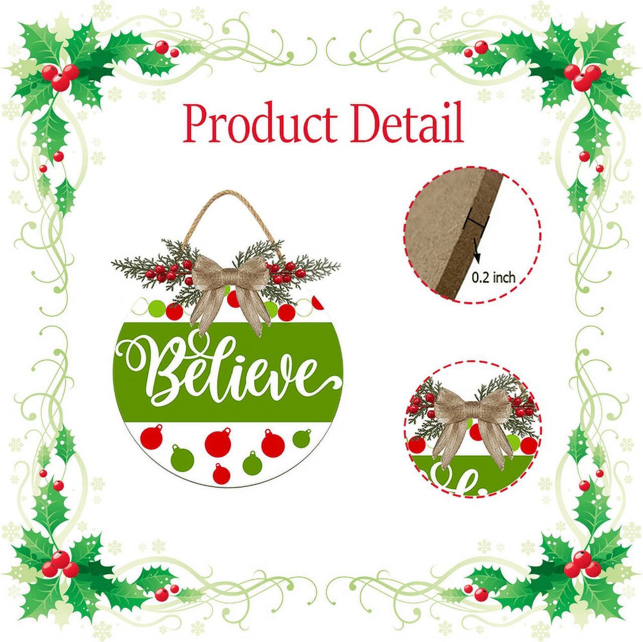 Eveokoki Believe Door Hanging Sign 12 inch Wooden Wall Sign, Rustic Holiday Wreath Decor for Front Door Porch Home Window Wall Farmhouse Decorations