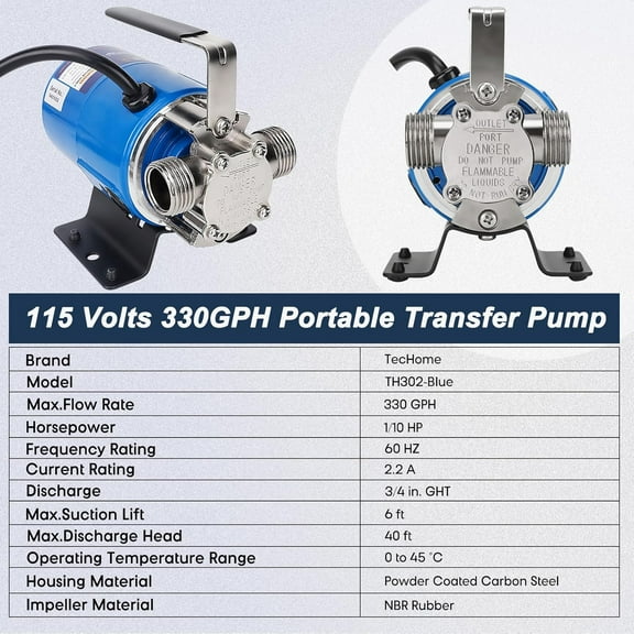 Electric Water Transfer Pump 115V 1/10HP 330GPH with Hose Kit for Garden, Waterbed, and Drainage