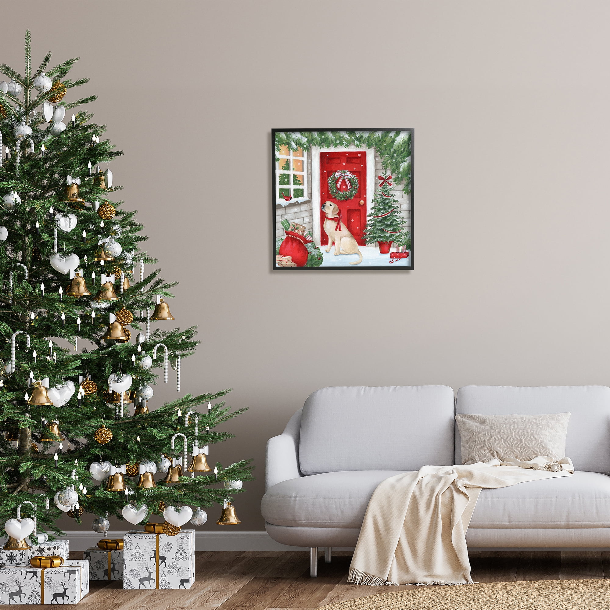 Stupell Industries Dog & Winter Holiday Doorway Holiday Painting Black Framed Art Print Wall Art, 24 x 24