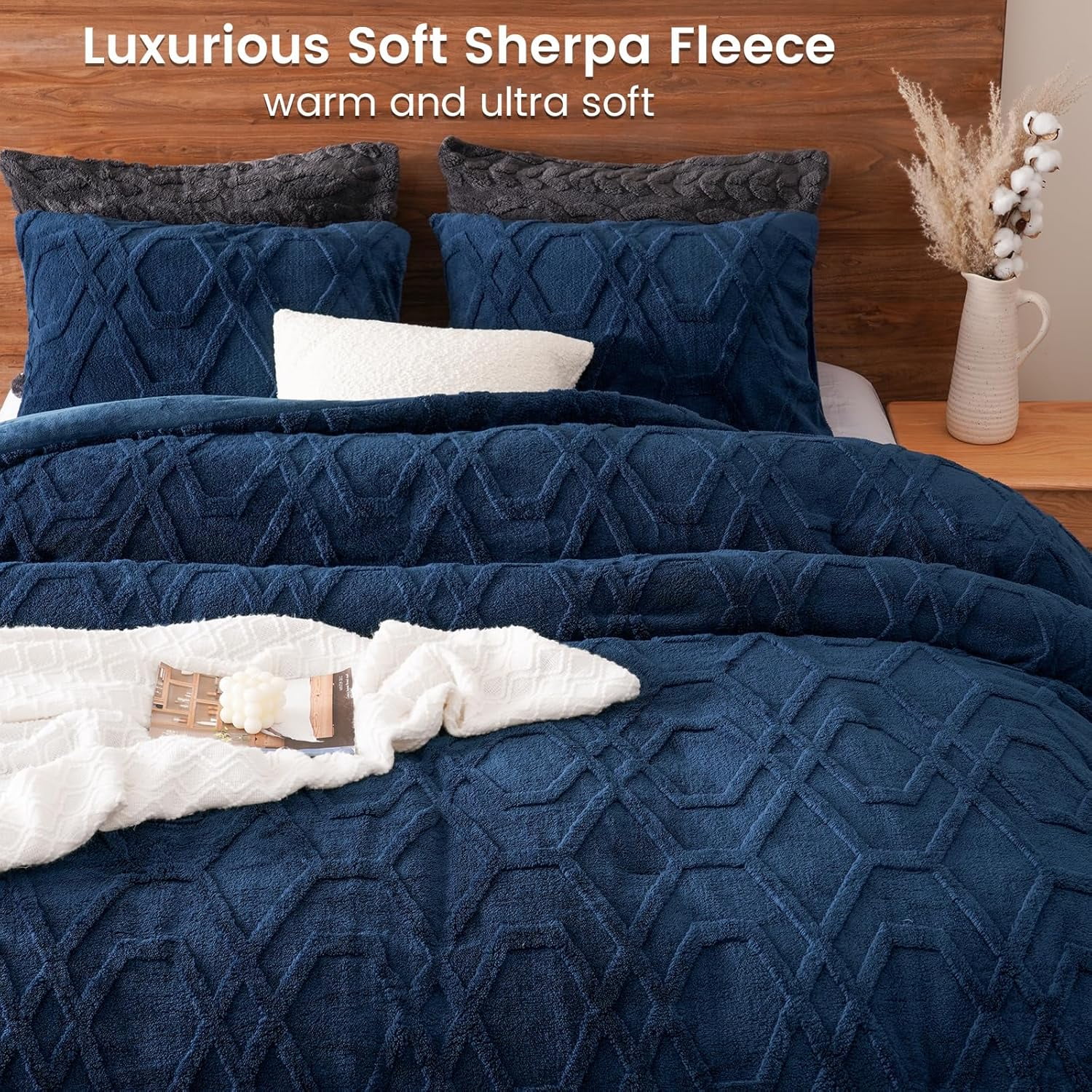 PHF Warm Sherpa Fleece King Comforter Set, 3D Tufted Fluffy Navy Blue Bedding for Winter, Soft 2 Pieces Shaggy Bed Set, 1 Comforter (104"x90") and 2 Pillowcases (20"x36")