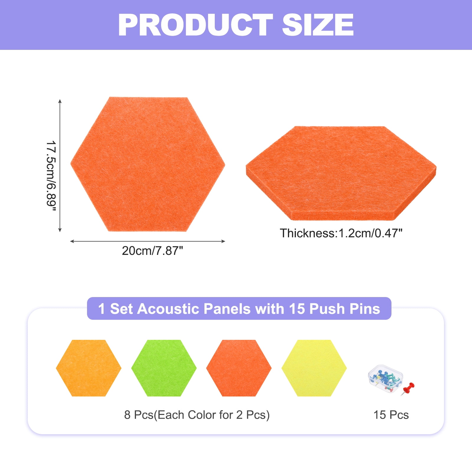 Uxcell 8 Pcs Hexagon B1 Acoustic Panels with Push Pins 7.87'' x 6.89'' Orange-Red Orange Green Lemon Yellow