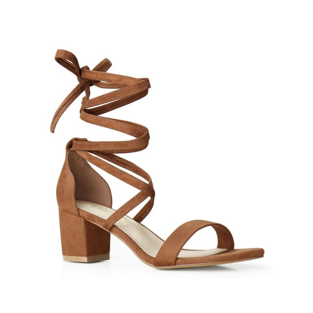 BLISSFUL STEP Women's Shoes Lace-Up Chunky Heel Open Toe Cross Strap Sandals Brown 6