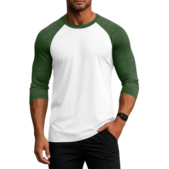 Fabrcox 3/4 Sleeve T Shirts for Men Raglan Crew Neck Baseball Shirts for Men Color Block Breathable Going Out Sports Men's Workout Shirts Green XL