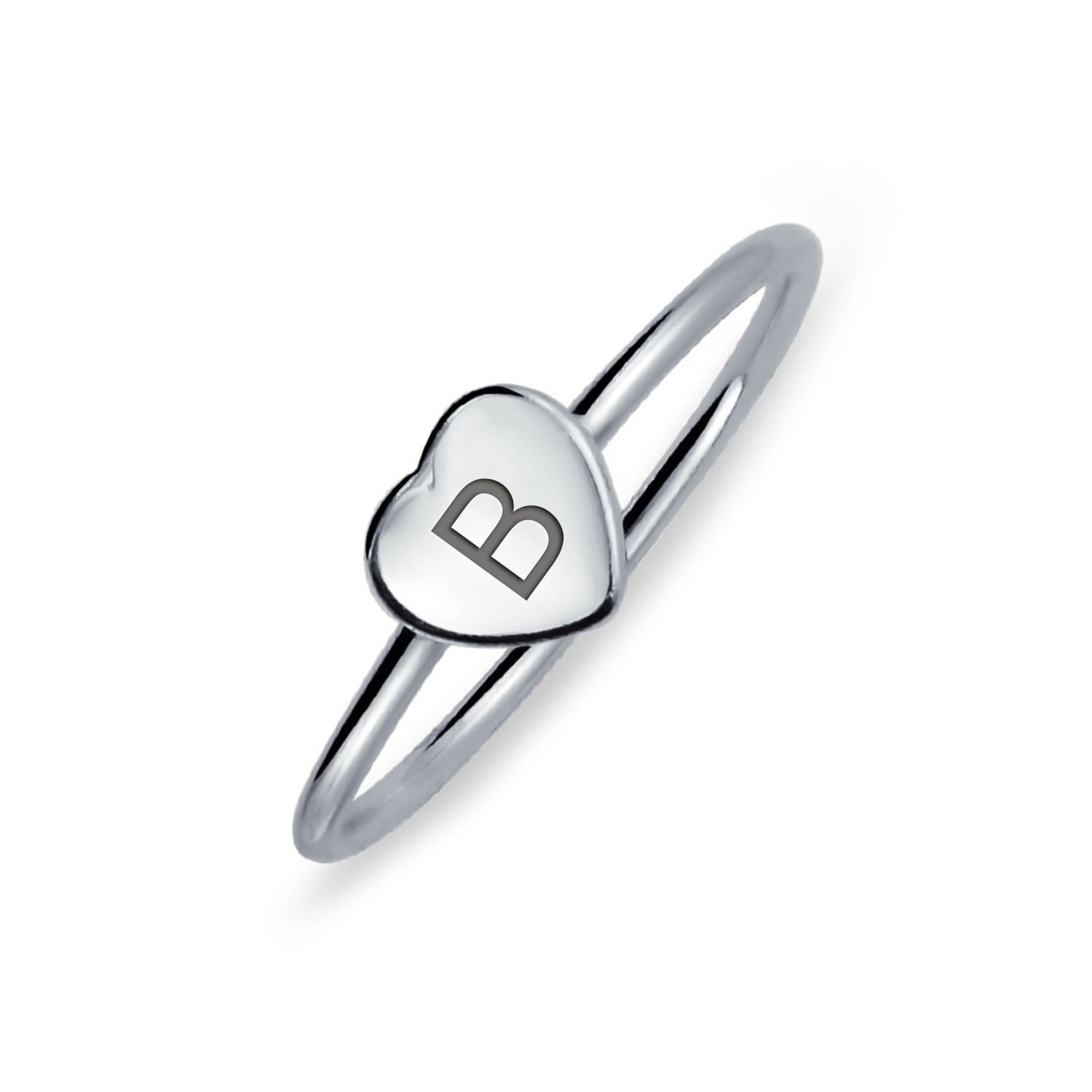 Tiny Minimalist Abc Heart Shape Script Or Block Letter Alphabet B Initial Monogram Signet Ring for Teen for Women 925 Sterling Silver Custom Engraved