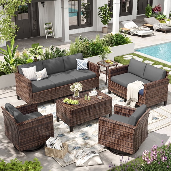 ELPOSUN Patio Furniture 9 Pieces Wicker Outdoor Sectional Sofa Sets, Rattan Conversation Set with Storage Table, Swivel Chairs for Backyard, Pool, Grey（Include Waterproof Covers ）