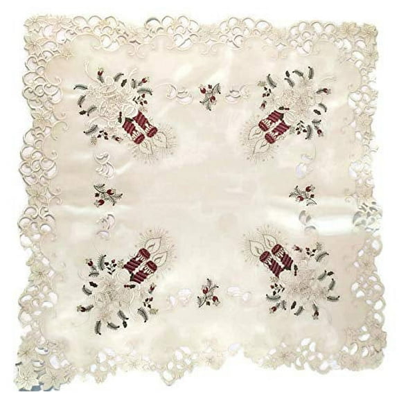 Doily Boutique Christmas Tablecloth or Table Topper Square with Burgundy Candles on Ivory Fabric, Size 34 inch