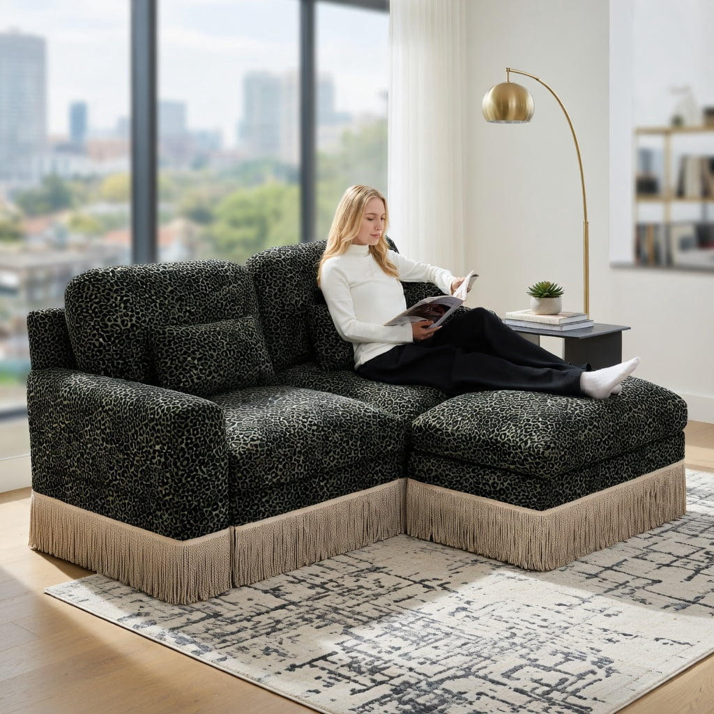 Hommoo 131" U-Shaped Chenille Leopard Print Sofa Set with Movable Ottomans, Tassel Trim & Ergonomic Deep Seat, Modern Living Room Sectional, Green Black
