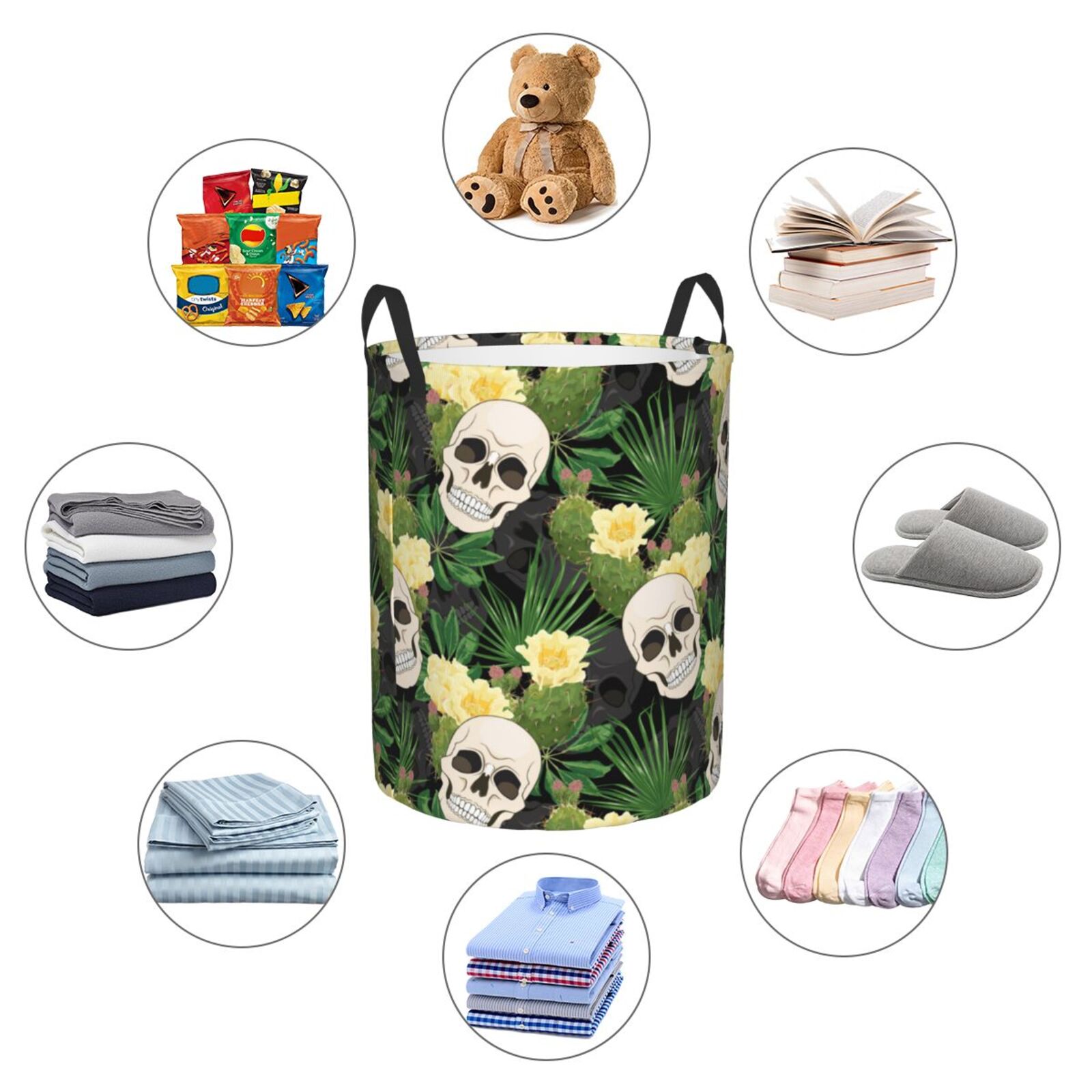 Large Laundry Basket with Handles - skull Cactus blooming Kids Baby Dirty Clothes Laundry Hamper for Bedroom Aesthetic