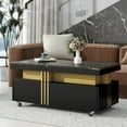 thumbnail image 2 of 39" Accent Coffee Table, Modern Storage Cabinet with Caster Wheels, Faux Marble Top, Gold Metal Bars and Drawer, Rectangle Moderate Luxury Center Cocktail Table for Living Room, Black, 2 of 9