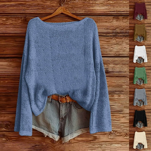 Sudadera,Suéter de punto para mujer, manga larga, cuello redondo, mezcla de poliéster y elastano, top informal y cómodo para usar en casa, sopatenor