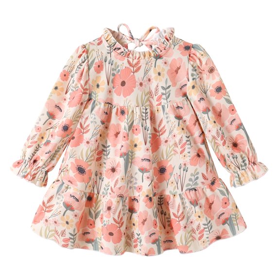Happy Town Toddler Baby Girls Dress Floral Ruffled Dress Girls Casual Fall Winter Clothes