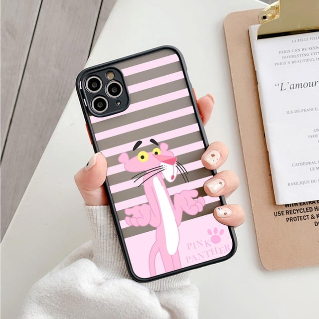 Fundas a prueba de golpes de dibujos animados para iPhone 13, 12, 11, 14 Pro Max, Mini, XR, XS, 7, 8 Plus, silicona transparente mate, divertida Pantera Rosa Fivean unisex