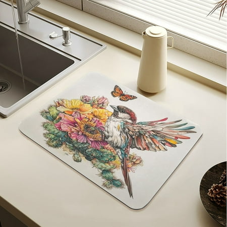 

Wobogo Sparrow with Cactus Flower Dish Drying Mats Diatomaceous Earth Super Absorbent Non-slip Rubber Sole 15.7×11.8in
