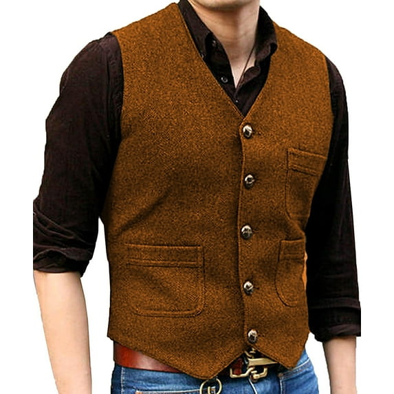 Solovedress Hunting Tweed Waistcoats Mens Herringbone Suit's Vest Wedding Vintage Wool Retro Travel Slim(Orange,XXXL)