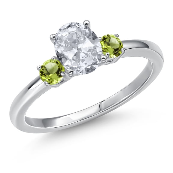 Gem Stone King 14K White Gold White Topaz and Green Peridot Engagement Ring for Women | 1.24 Cttw | Oval 7X5MM | Gemstone November Birthstone | Size 5