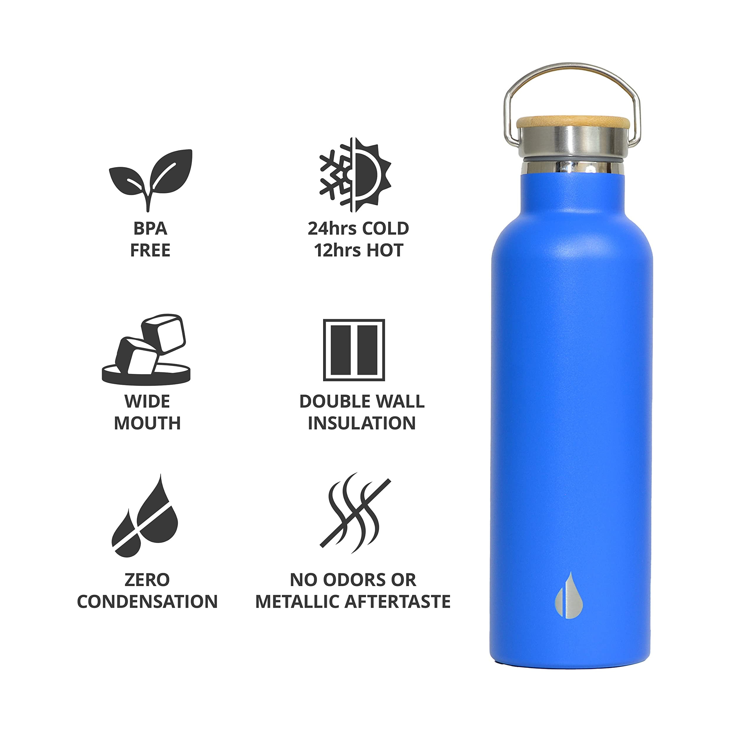 Elemental Classic Insulated Water Bottle, Leak Proof Thermos Water Bottle with Bamboo Lid and Metal Ring, Reusable Insulated Stainless Steel Water Bottle, 25oz - Azure