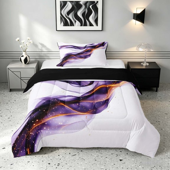 Manfei Aesthetic Abstract Artwork Twin Comforter Sets, Watercolor Painting Bedding Set, Purple White, Black Reversible 2pcs, 1 Comforter and 1 Pillowcase