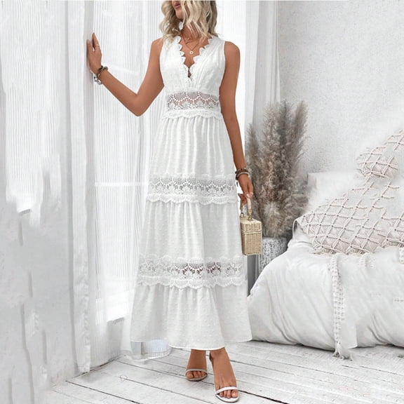 NTACZA Summer Dresses for Women 2026 Maxi Wedding Guest Dresses Sleeveless Lace V-Neck Dressy A-Line Back Tie White L