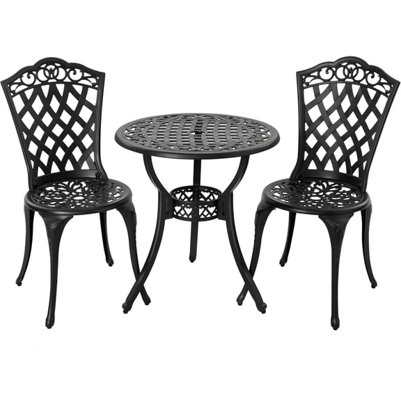 NUU GARDEN 3-Piece Patio Bistro Set Outdoor Cast Aluminum Bistro Table and Chairs Set of 2, Outdoor Patio Bistro Set with Umbrella Hole for Patio Balcony, Black