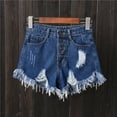 thumbnail image 2 of CYRBOKO Women's Denim Shorts, Buttons Casual Ripped Raw-hem Summer Jeans Blue Size 5XL, 2 of 3