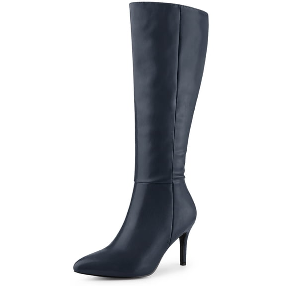 DARING DIVA Women's Pointed Toe Side Zipper Stiletto Heel Knee High Boots Navy Blue 8