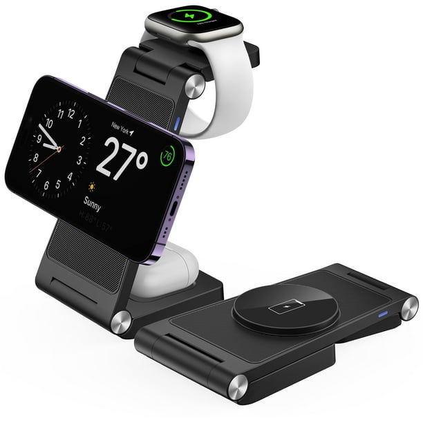GEJIUCAI Soporte de cargador inalámbrico magnético, estación de carga inalámbrica plegable 3 en 1, cargador de viaje para múltiples dispositivos para iPhone 16 15 14 13 12 Series, Apple Watch Ultra/9/
