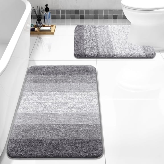 Evlmd Bathroom Rugs Sets 2 Piece, Soft Absorbent Microfiber Bath Rug Set, Non-Slip, Machine Wash Dry, Plush Shaggy Bath Mats for Bathroom (24"x16" U-24"x20", Grey)