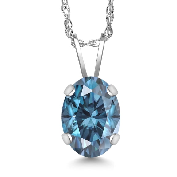 Gem Stone King 14K White Gold Persian Blue Moissanite Solitaire Pendant Necklace for Women | 1.38 Cttw | Gemstone Birthstone | Oval 8X6MM | With 18 inch Chain