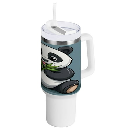 

40 Oz Car Handle Water Bottle 10.8x3.85 Inch Handle And Straw Travel Water Bottle Reusable Stainless Steel Water Bottle Panda with Gray Background