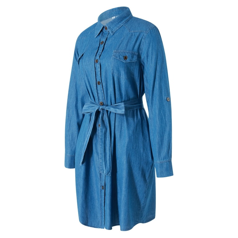 Canis Women's Casual Denim Midi Dress, Long Sleeve Button-Down