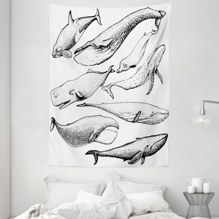 Whale Tapestry Hand Drawn Black and White Whales from Single Type Small and Big Artistic Image Wall Hanging for Bedroom Living Room Dorm Decor 60W X 80L Inches Black and White by