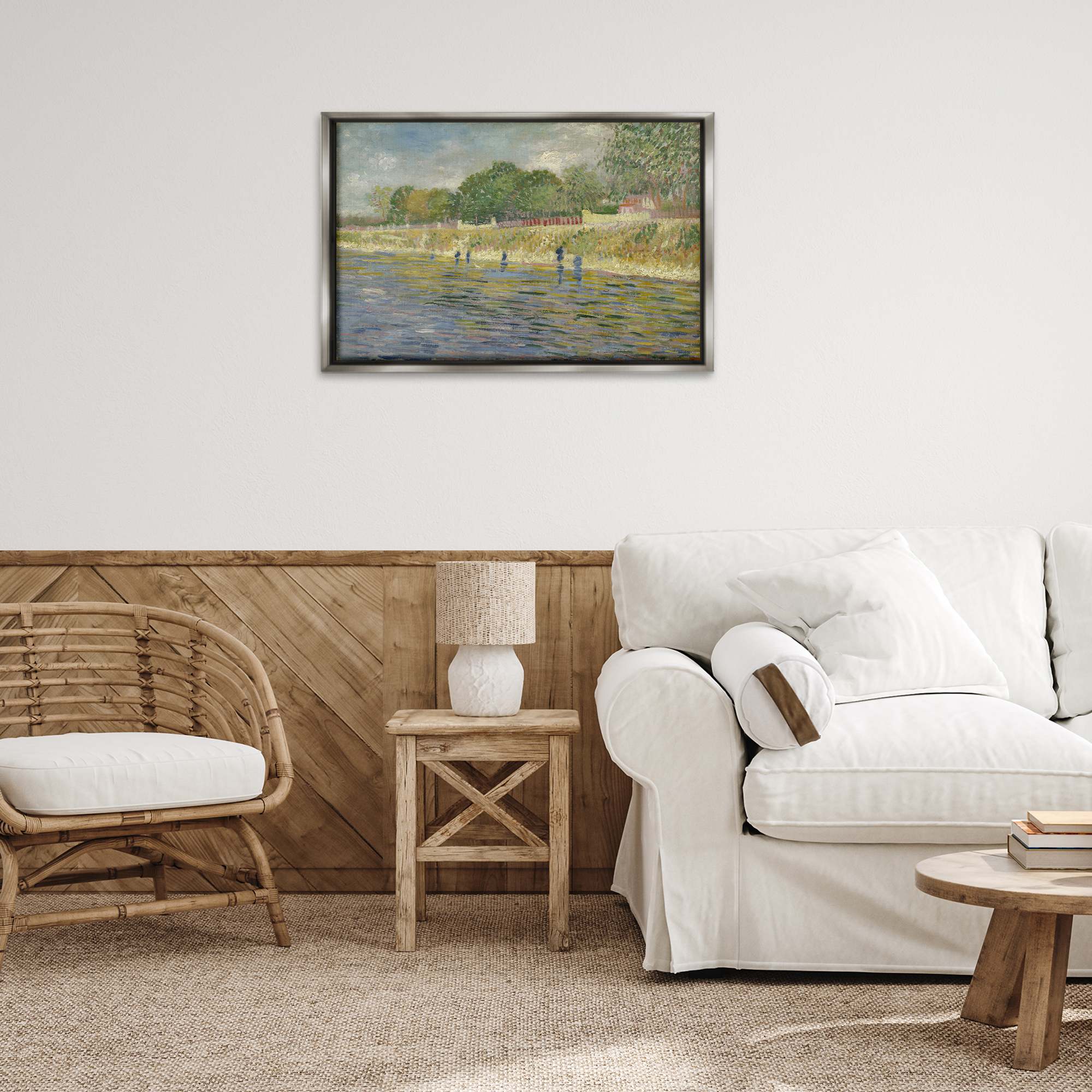 Stupell Industries Classic Van Gogh River Landscape Landscape & Nature Painting Gray Floater Framed Canvas Art Print Wall Art, 31 x 21