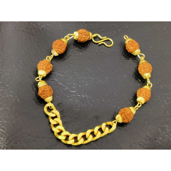14k Yellow Gold Natural Rudraksha Beads Bracelet Gold Cap And Chain Bracelet