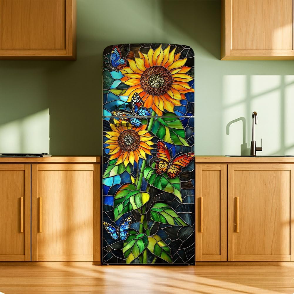 2 Sheet Sunflower Removable Refrigerator Wraps Self-Adhesive Fridge Stickers Peel and Stick Vinyl Fridge Decals Sticker