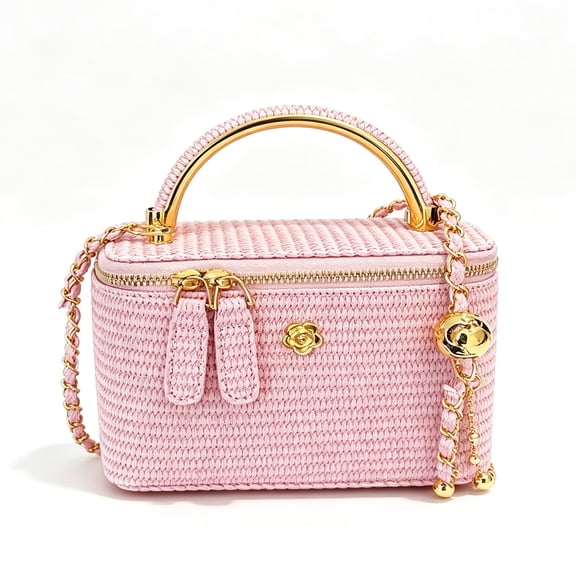 Women's Pink Woven Mini Crossbody Bag with Top Handle
