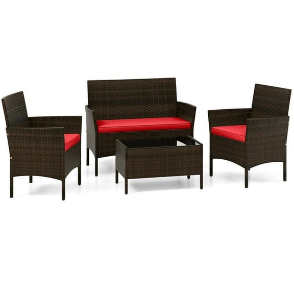 Spaco 4 Piece Patio Rattan Conversation Set with Cozy Seat Cushions, Patio Conversation Set for Outdoor as Garden, Yard, Red