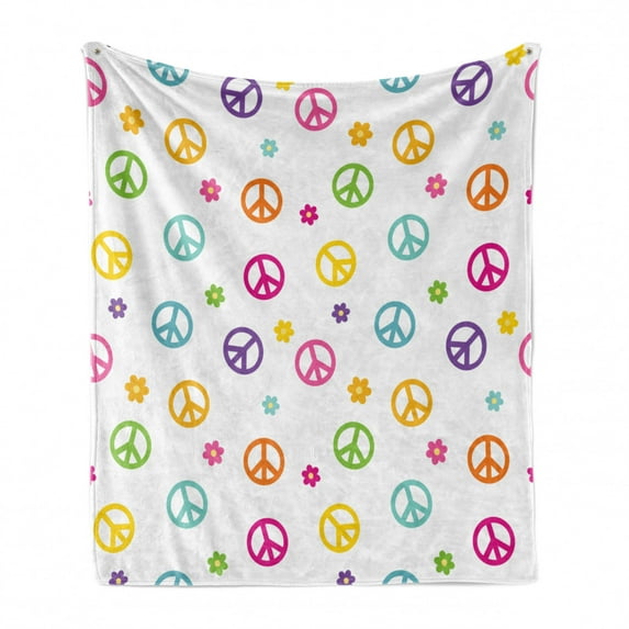 Groovy Soft Flannel Fleece Throw Blanket, Peace Lifestyle Sign Slogan Celebration Merry Jolly Happy Theme Design, Cozy Plush for Indoor and Outdoor Use, 60" x 80", Multicolor, by Ambesonne