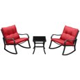 thumbnail image 1 of Outsunny 3 Pieces Patio Wicker Rocking Chairs Table Set, Outdoor PE Rattan Furniture with 2 Rockers & 1 Coffee Table w/ Padded Cushions for Deck, Backyard, Garden, Red, 1 of 10